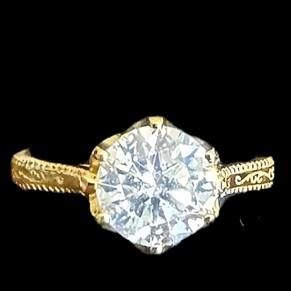 Vintage Round Cut Moissanite Vermeil Swirl Etching on Band 925 Ring Size 6.75